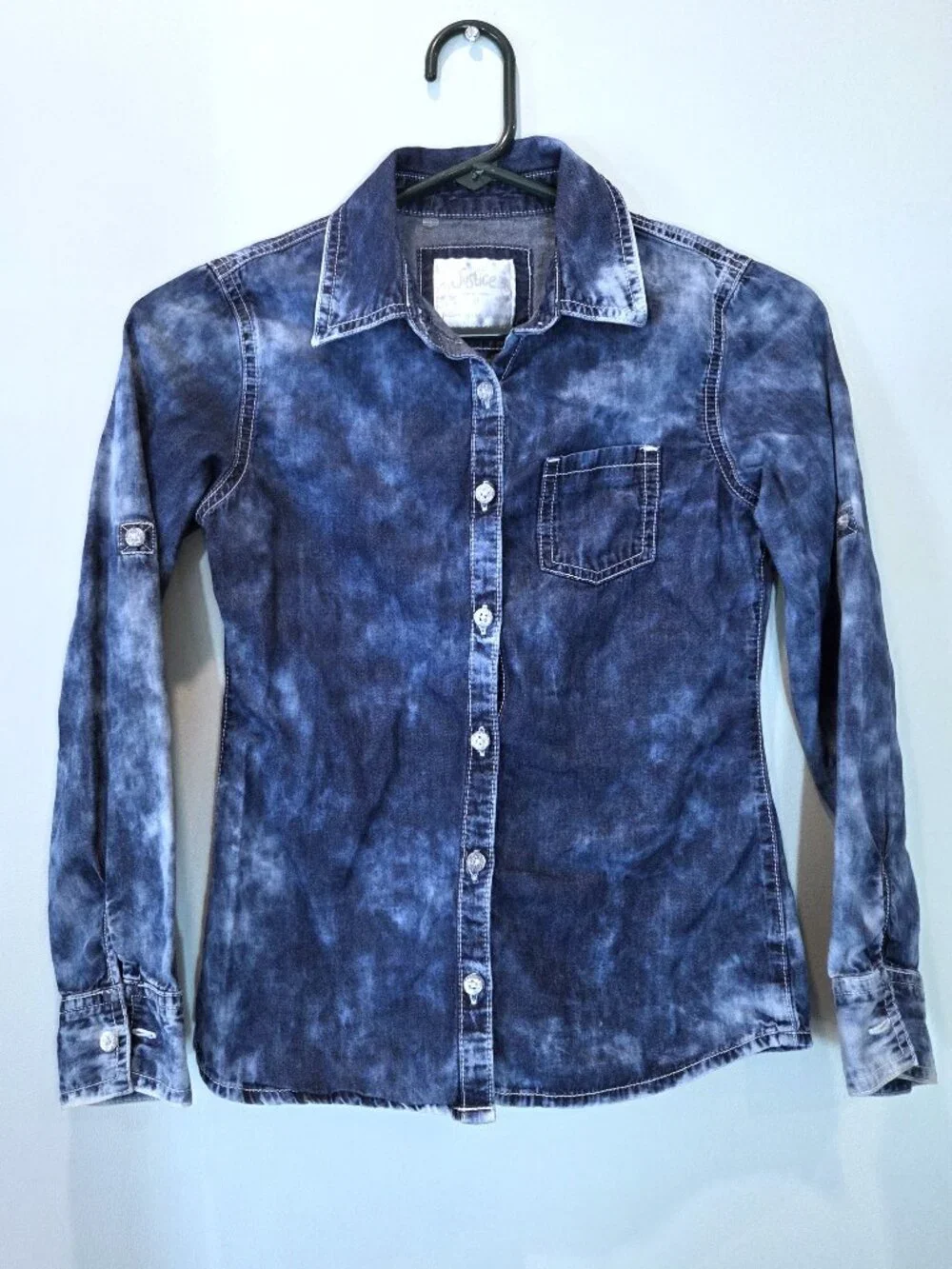 NWOT Justice Blue Marble Dyed Button Down Shirt with Glitter Buttons Size 10